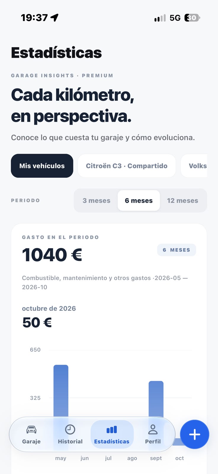 Pantalla real de estadísticas Premium de Zeyro, con gasto del periodo y gráfico mensual.
